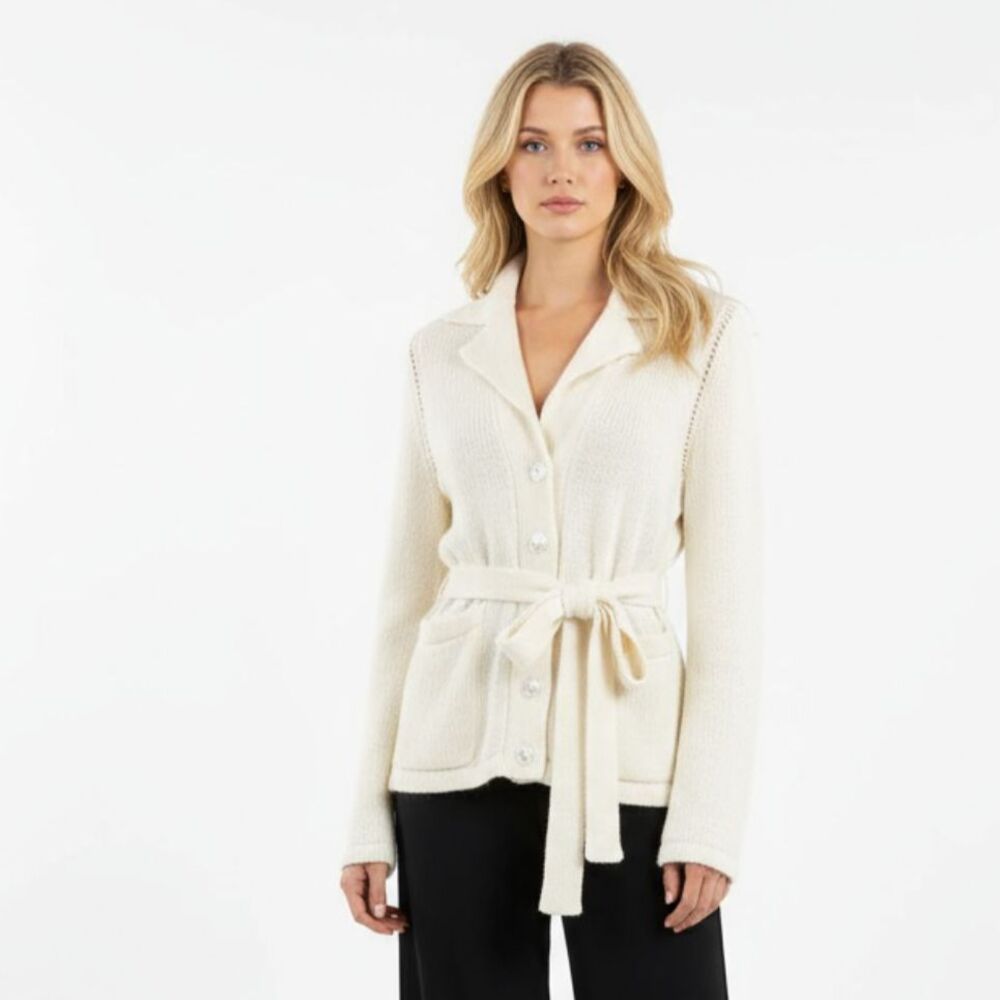 Cassin 100% Linen Ivory Woven Long Sleeve Belted Cardigan Sweater M